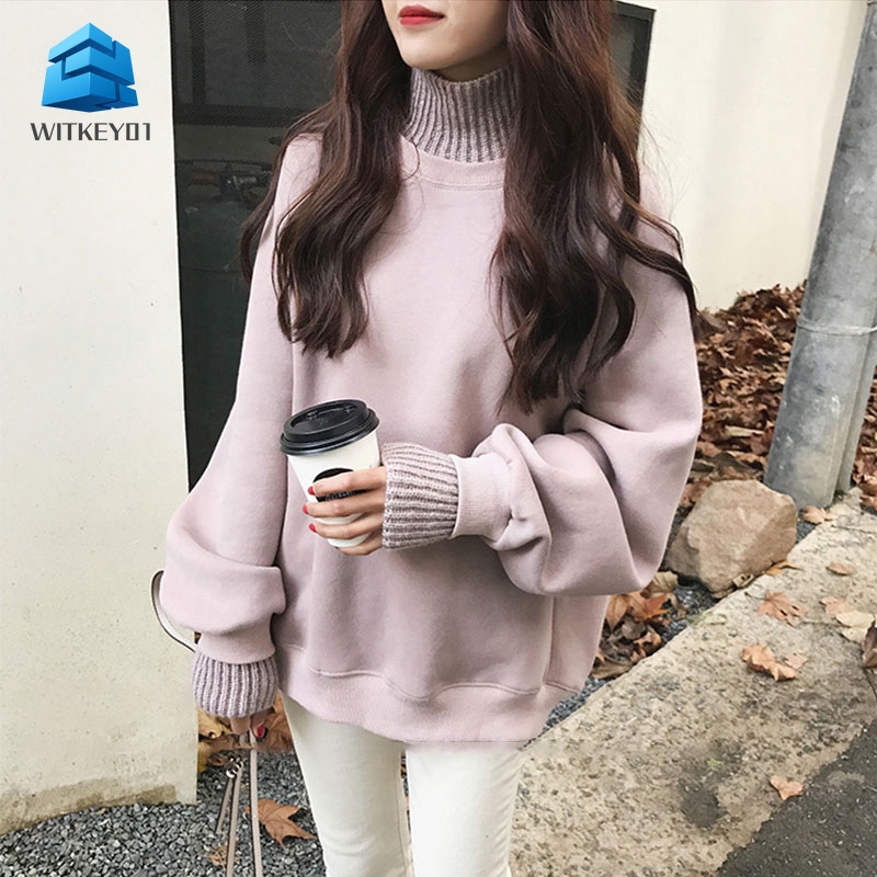 witkey Thicken Sweatshirt Women Korean Head High Collar Clothes