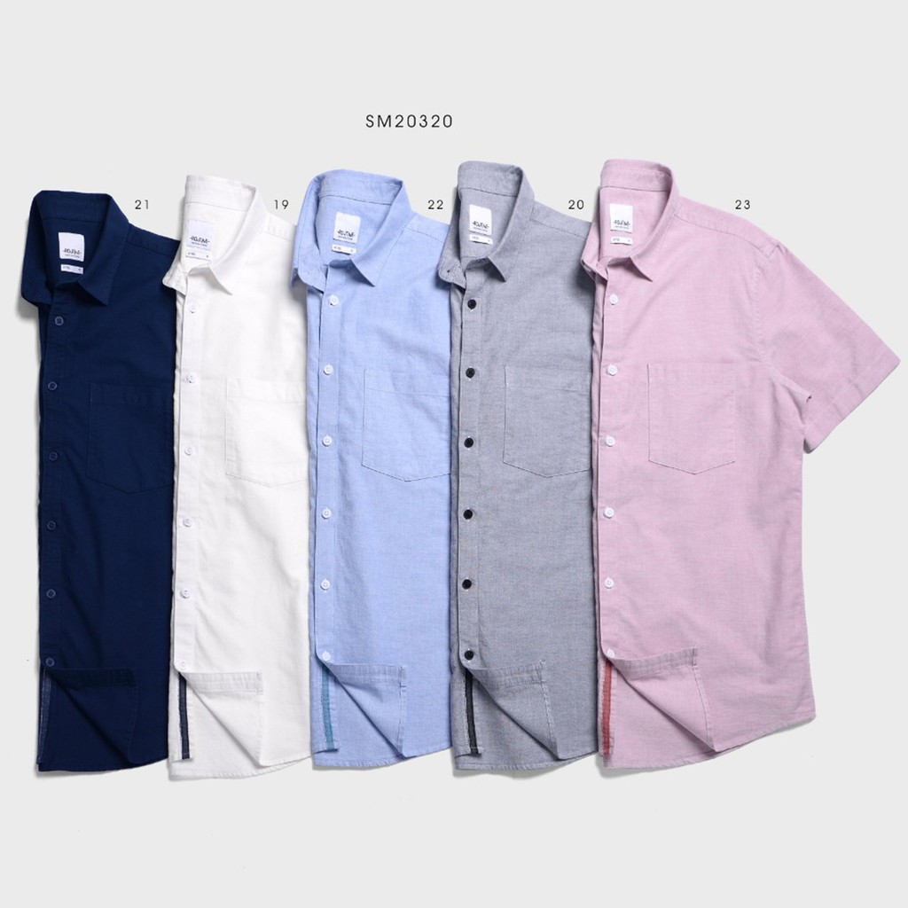 Áo sơ mi nam Routine màu xanh nhạt tay ngắn cổ bẻ có túi vải Oxford 100% cotton hàng xuất khẩu Hàn Quốc