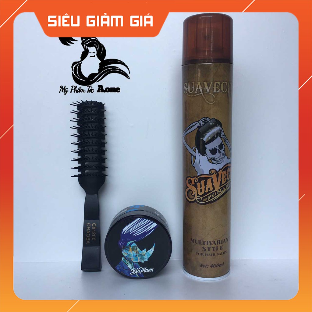 [HÓT ] COMBO Gôm Xịt Tóc  SUAVECITO 400ML + Sáp Vuốt Tóc Nam BluMaan Styling Meraki (Bản Tê Giác Xanh ) + Lược