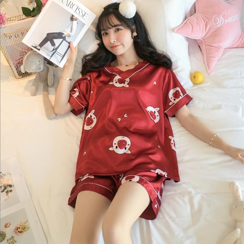 Bộ Đồ Ngủ Pijama Ngắn Tay Vải Lụa Phong Cách Hàn Quốc Cho Nữ