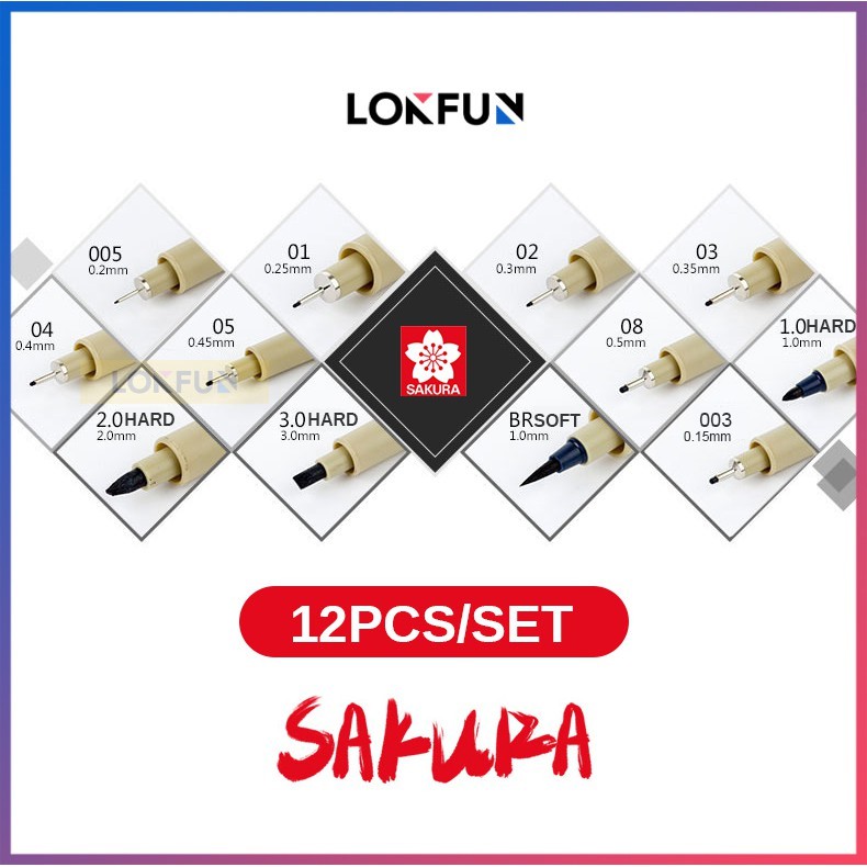 Bộ 12 BÚT MICRON SAKURA PIGMA ĐEN (SIZE-005 / 01 / 02 / 03 / 04 / 05 / 08 / 1 / 2 / 3 / BR)