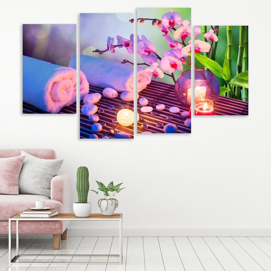 Bộ 4 tấm tranh treo tường Lala trang trí spa nến hồng và lan tím kèm đinh 3 chân đa năng