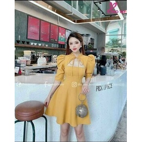 Đầm tiểu thư đi dự tiệc cưới sang chảnh cá, thiết kế tay phồng khoét cổ sâu sexy có mút, tà váy xòe tôn dáng dài đẹp