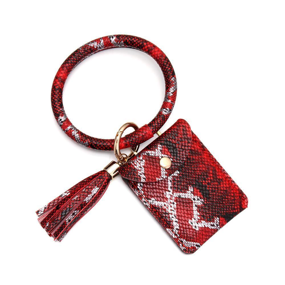 PINEVN Ví Đựng Thẻ ID / Móc Khóa Họa Tiết Da Rắn Phối Tua Rua Giá Đỡ