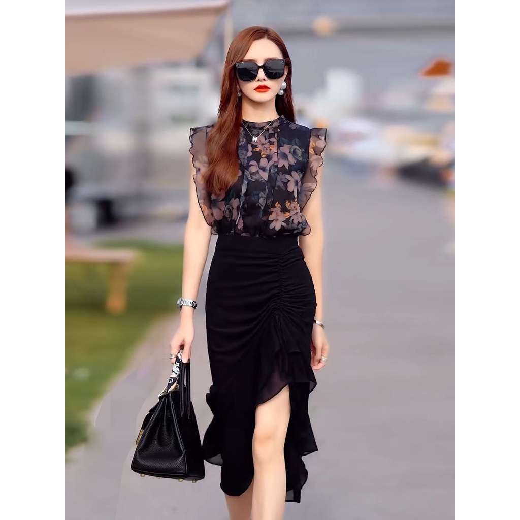 Set Áo Hoa Phối Chân Váy Lưới Thời Trang Hè 2022 Trẻ Trung Cho Nữ