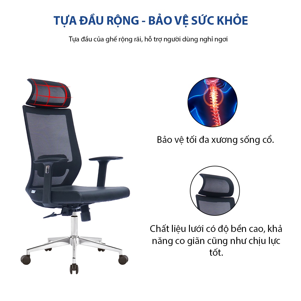 Ghế công thái học GOVI Ergonomic Plato PL01 Tựa đầu tựa tay cố định, Mâm ghế ngả lưng 90-135 độ, khóa cố định 3 vị trí