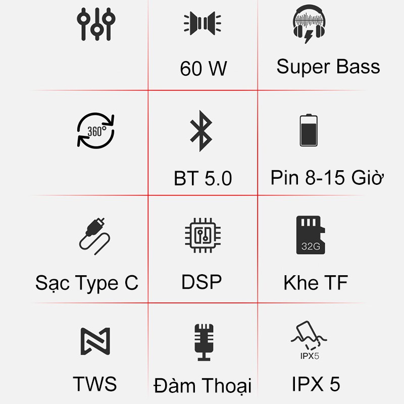 Loa Bluetooth PKCB241 X6 60W Super Bass chống nước IPX7 pin 6600MAH sạc nhanh Type C công nghệ AI Hàng Chính Hãng