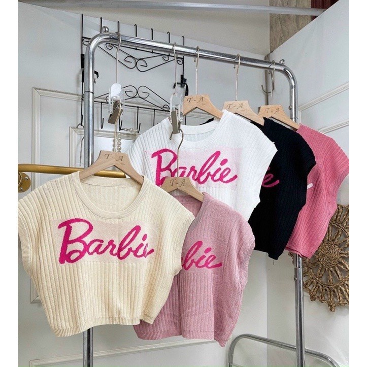 Áo len mongtoghi nữ len tăm cộc tay croptop chữ barbie kiểu A04