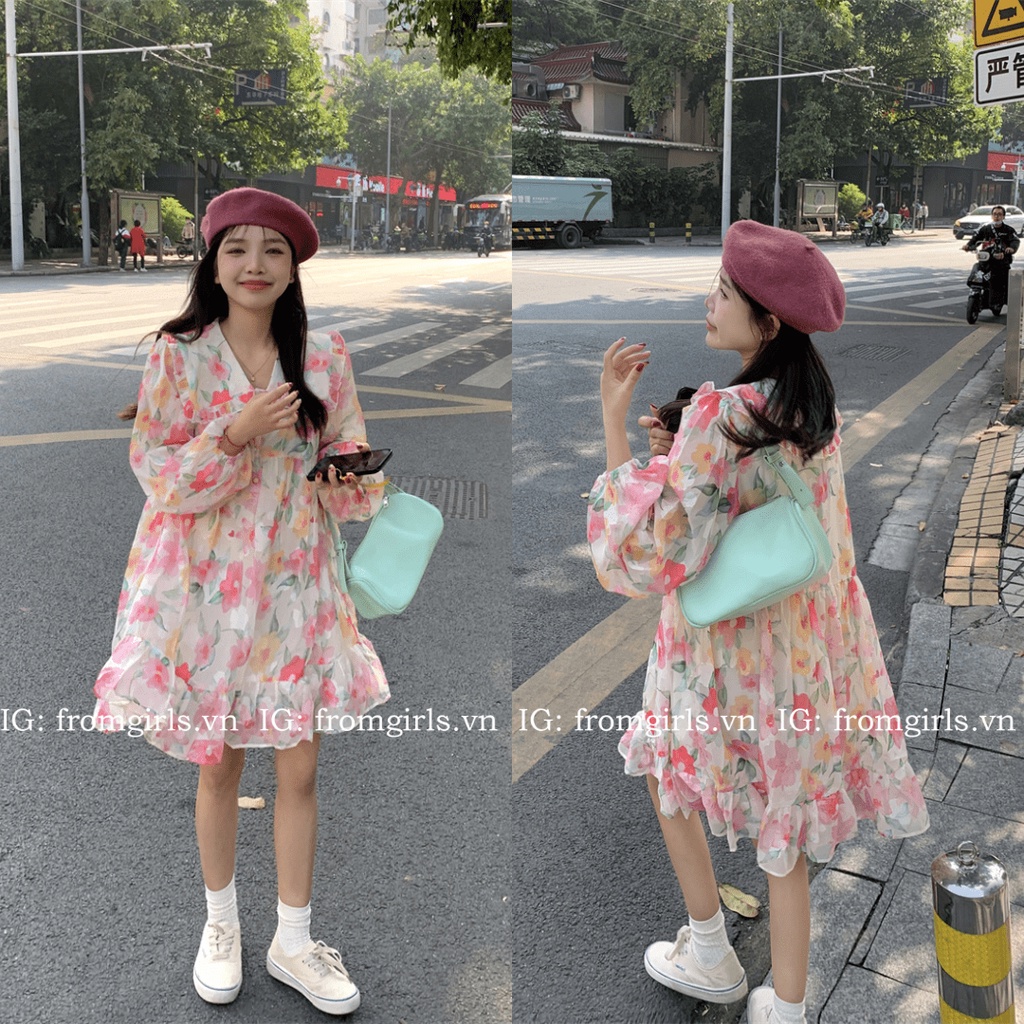 Đầm babydoll hoa hồng cổ sen, váy babydoll hoa viền bèo có dây buộc eo - V88