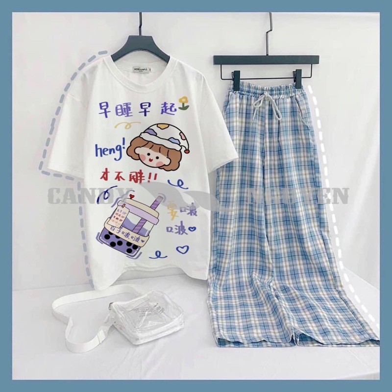 Sét áo em bé heng và yocurt +quần kẻ xanh, chất đẹp sét bộ mặc ở nhà - LEEDA MODY