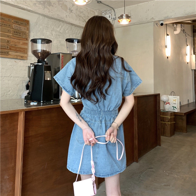 Đầm Denim Tay Ngắn Dáng Chữ A Thời Trang Mùa Hè Phong Cách Retro Cho Nữ