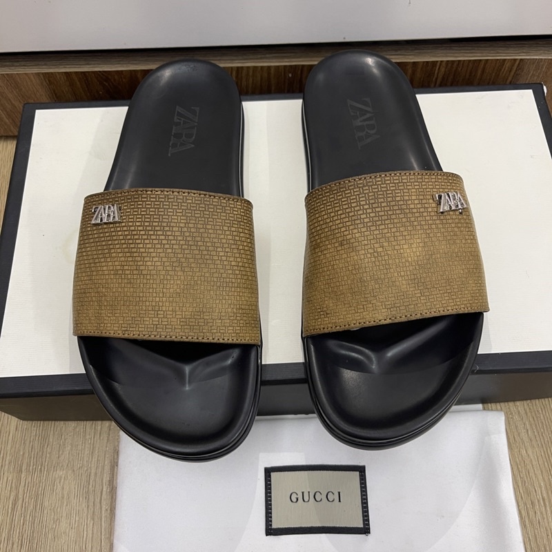 (Da Bò Thật ) dép quai ngang nam Da Bò thật quai vàng đế đen kèm video)