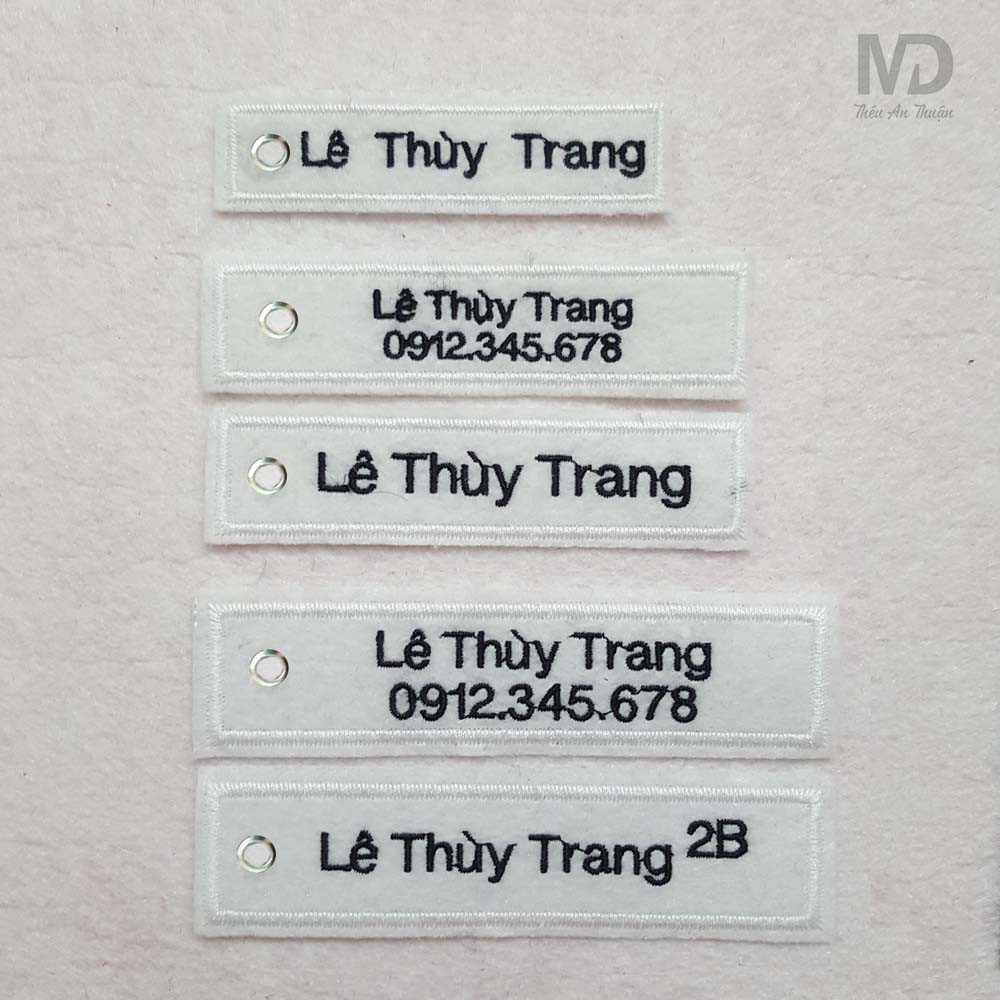 Móc treo chìa khóa vải thêu tự chọn, thẻ ghi chú thêu tên, biển số xe, name tag vali ... 2 lớp vải