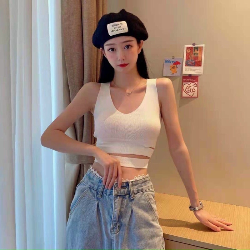 Áo crop sát nách cut out eo (đen,trắng,xanh,hồng)