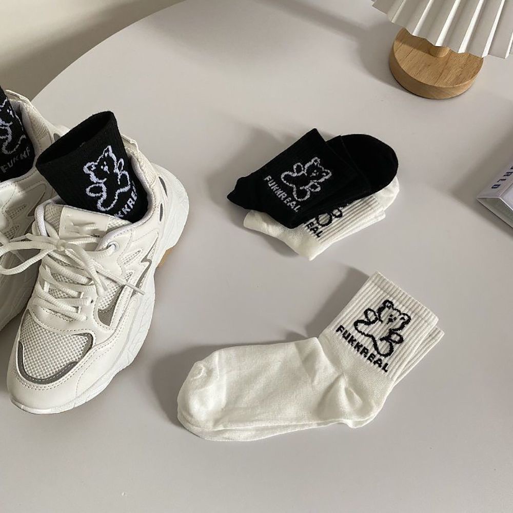 Vớ cổ trung co giãn họa tiết gấu dễ thương phong cách Harajuku Hàn Quốc cho nữ