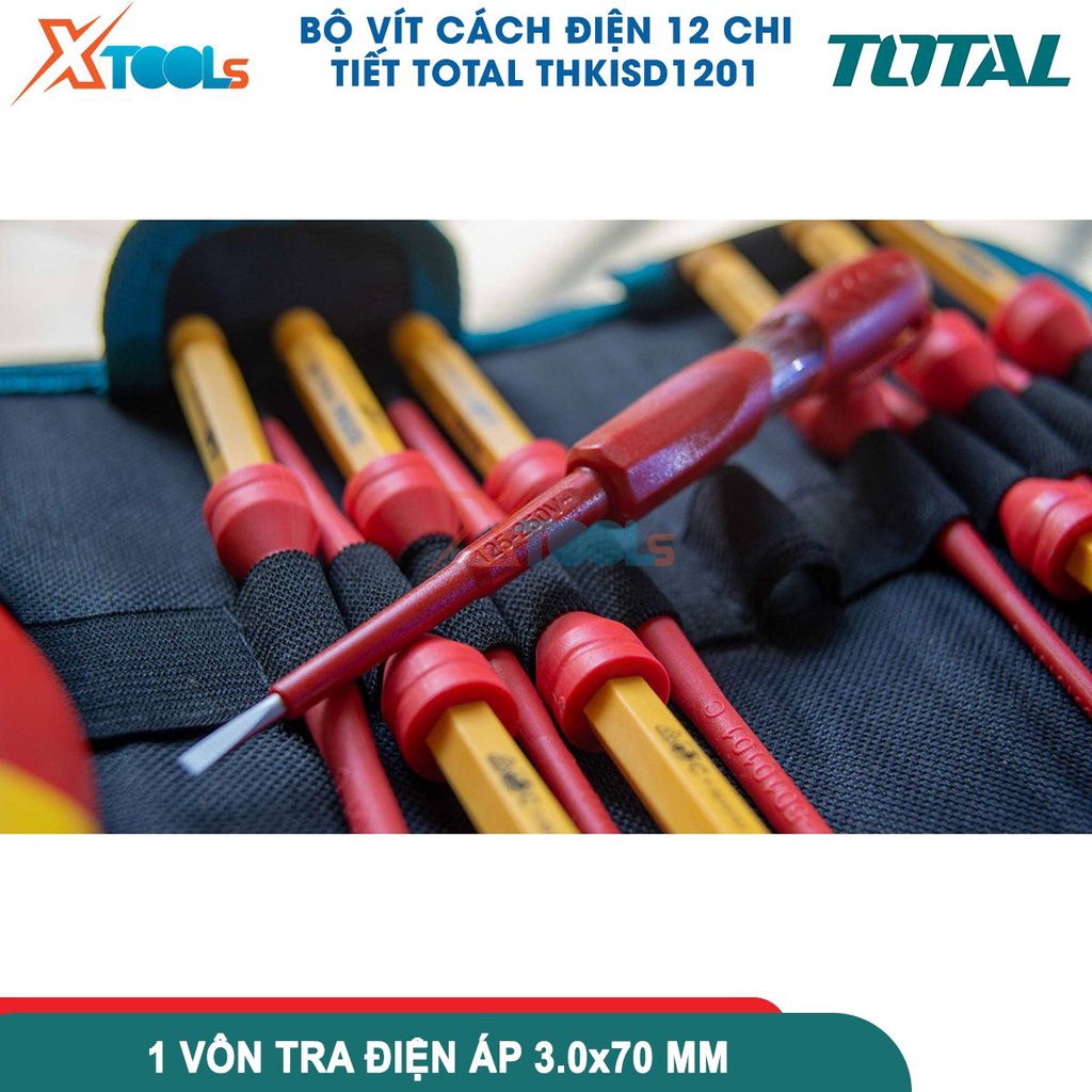 Bộ tua vít cách điện 1000v 12 chi tiết TOTAL THKISD1201, Bộ 12 tuốc nơ vít cách điện thay đổi đầu [CHÍNH HÃNG][XTOOLS]