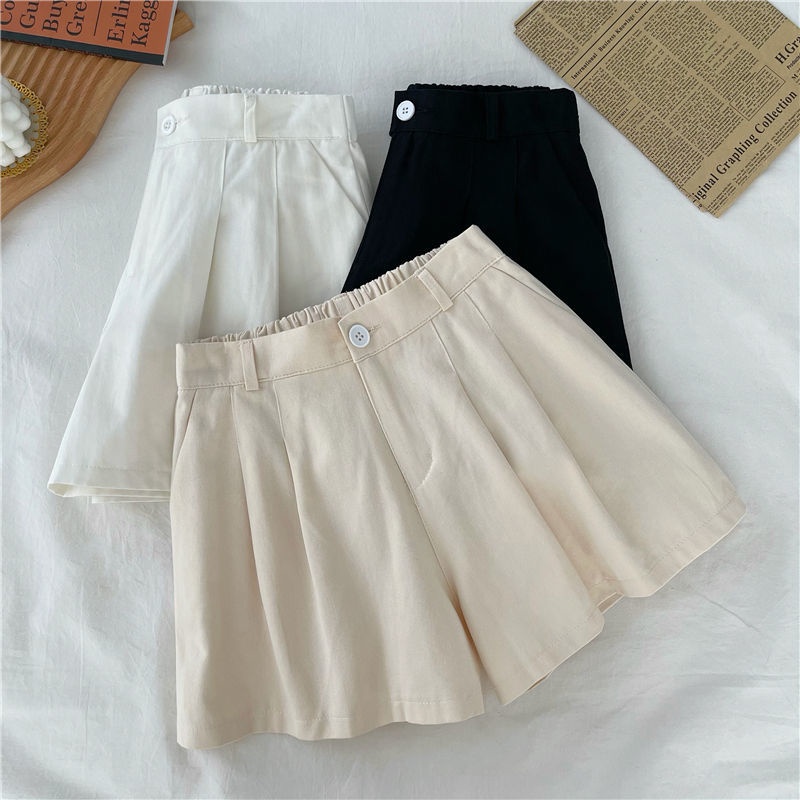 COZOK Quần Short Lưng Cao Ống Rộng Màu Sắc Trơn Phong Cách Hàn Quốc