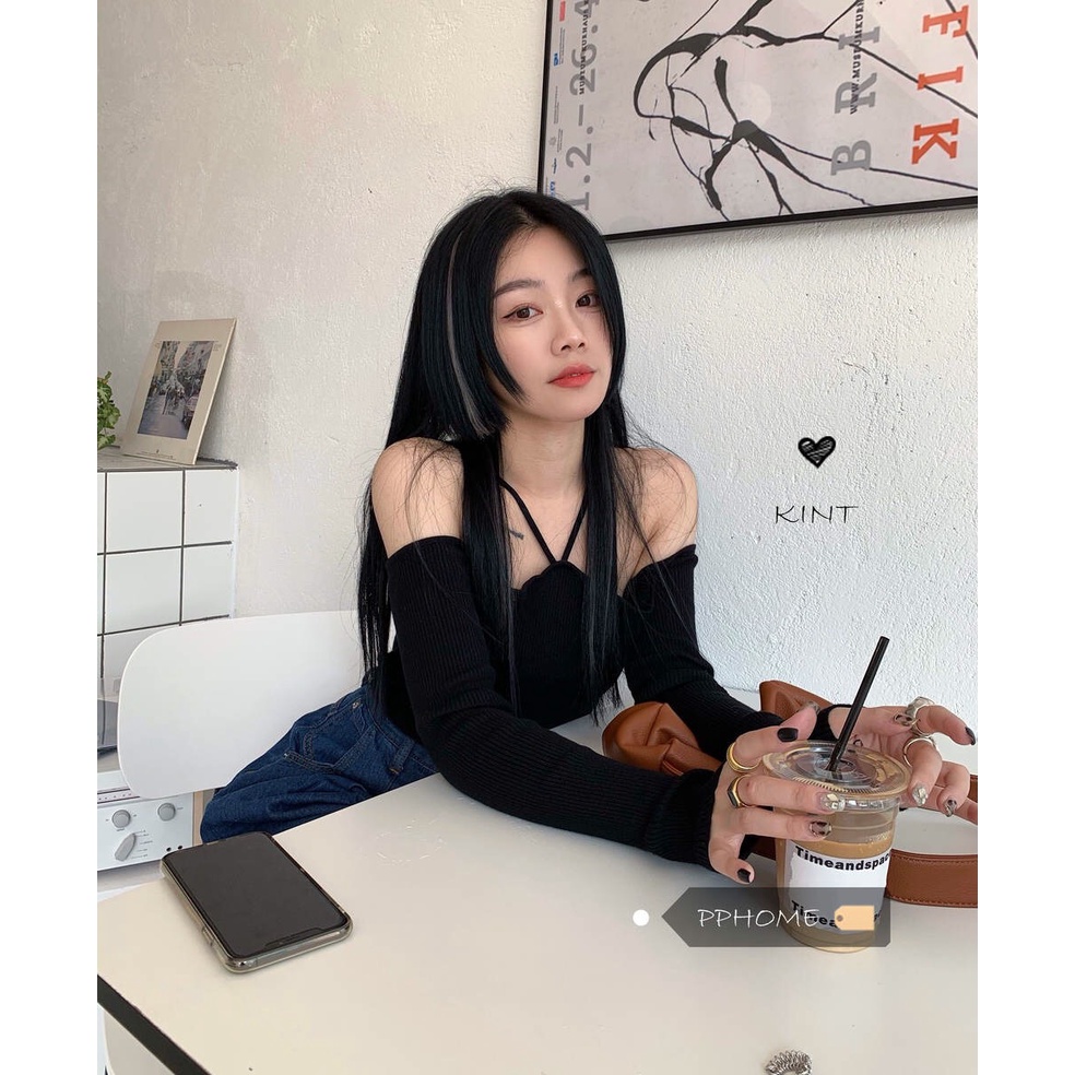 (ORDER) Áo len tăm dệt kim mỏng dài tay hở vai kèm dây đeo cổ ôm body style Hàn Quốc gợi cảm