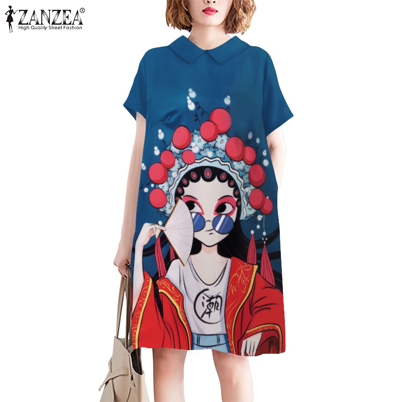 Đầm midi ZANZEA tay ngắn cổ búp bê họa tiết trang điểm đóng kịch phong cách đường phố cho nữ