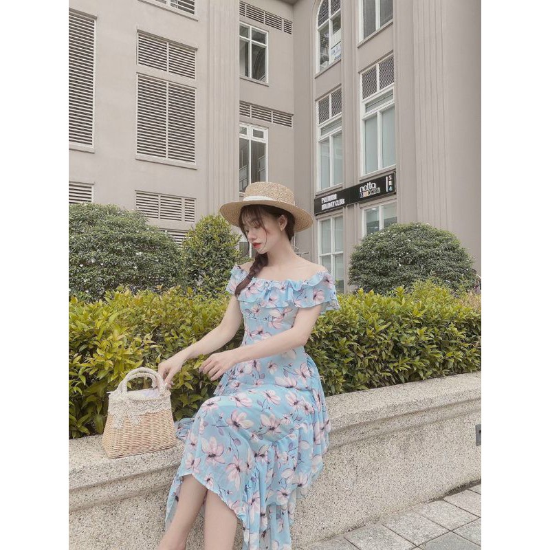 Đầm maxi hoa bẹt vai bèo tà đổ