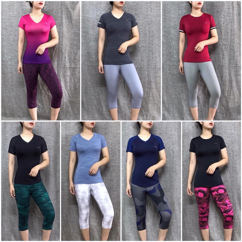 Bộ quần áo tập gym, yoga, thể thao nữ, quần lửng Camo - áo có tay HIYE, big size