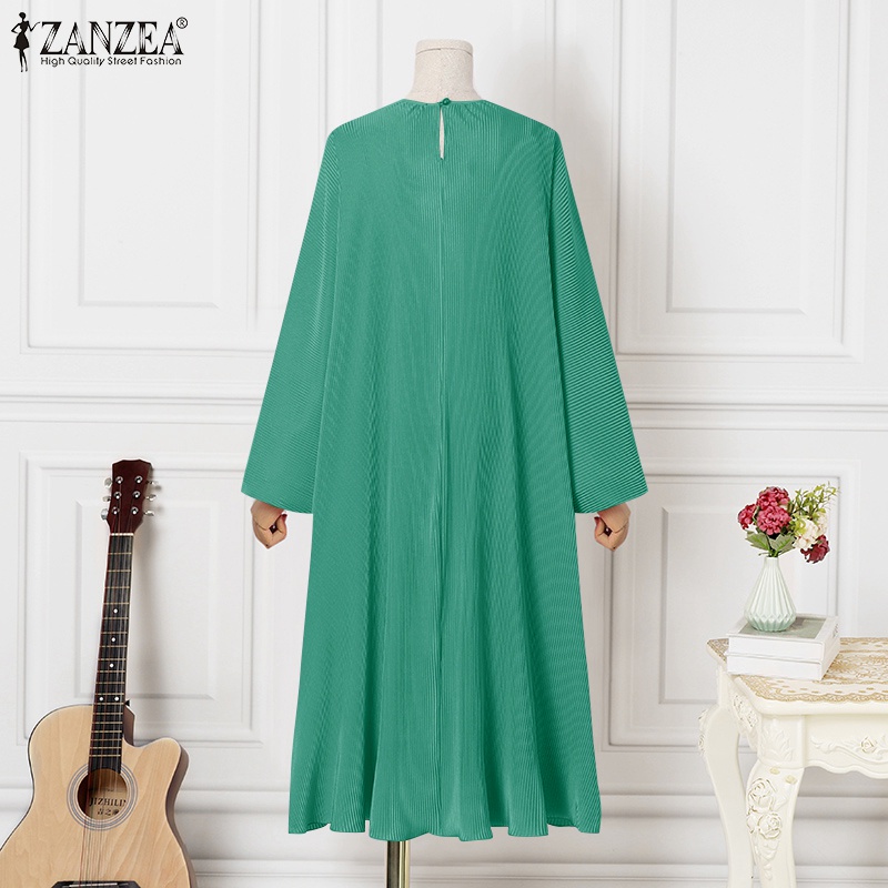 Đầm ZANZEA dài tay cổ tròn xếp ly thời trang cho nữ