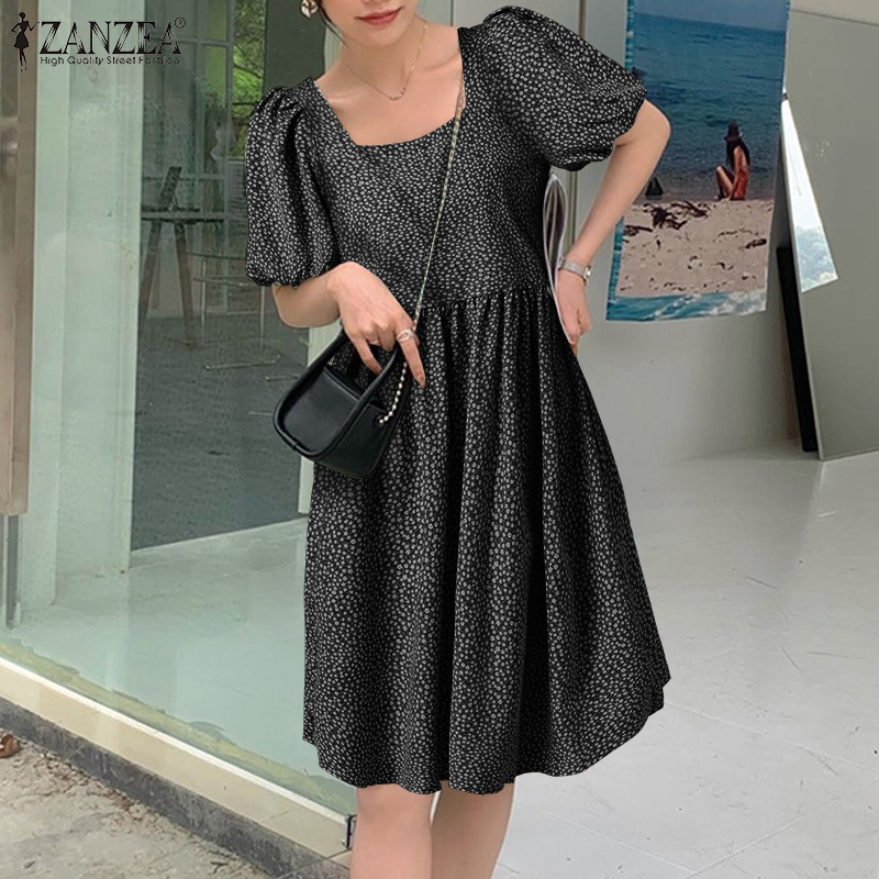 Zanzea Đầm Tay Ngắn Phồng Cổ Vuông In Họa Tiết Hoa Phong Cách Hàn Quốc Dành Cho Nữ