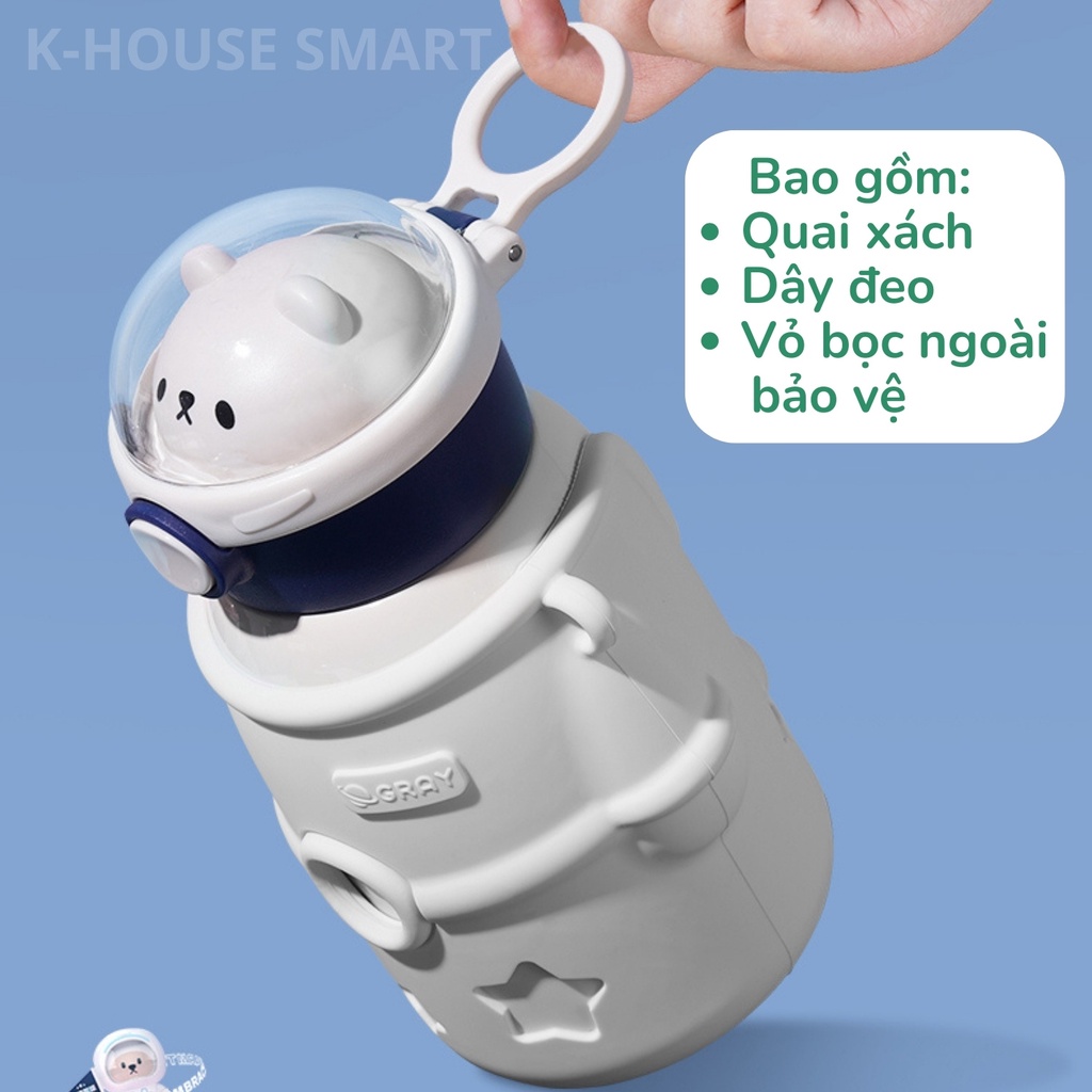 Bình nước giữ nhiệt cho bé 500ml phi hành gia cute có ống hút mini, bình inox 316 khắc tên