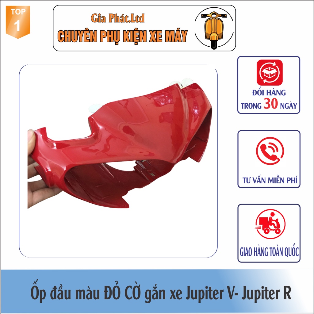 Combo ốp đầu đèn xe JUPITER V, JUPITER R màu ĐỎ CỜ đầy đủ 3 món: ốp đầu, gáy đen và pha đèn kèm bóng
