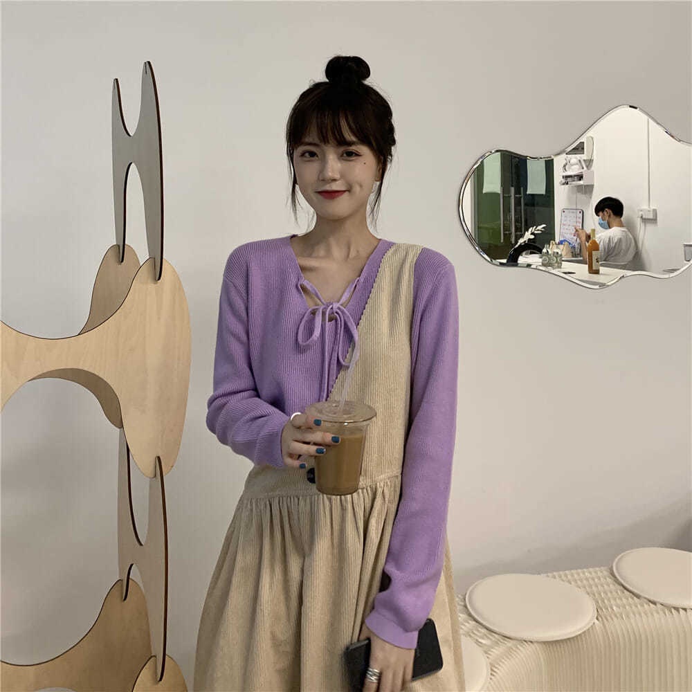 Jiashucheng Áo Len Tay Dài Cổ Chữ V Thắt Dây Phong Cách Hàn Quốc Thanh Lịch Dành Cho Nữ