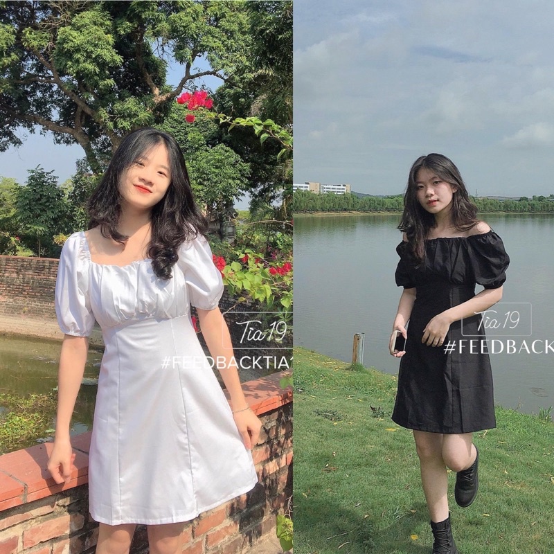 Váy cổ vuông ly ngực Tia19. Đầm ulzzang dáng xoè rớt vai ( Ảnh thật)