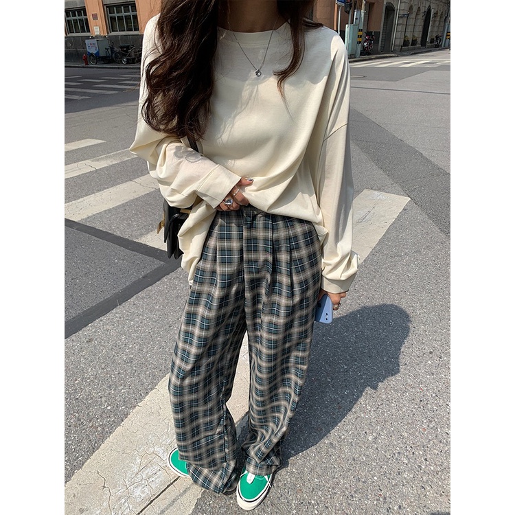 Quần ống rộng Họa Tiết Sọc Caro Thời Trang Phong Cách Retro Cho Nữ