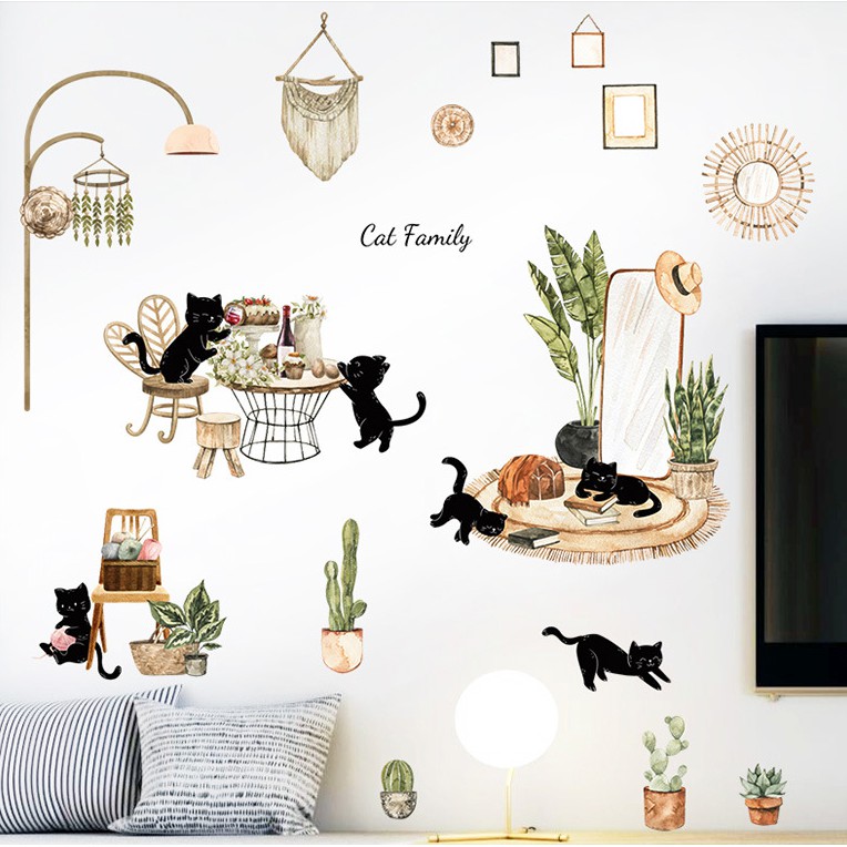 Decal dán tường Mèo đen đáng yêu chữ tiếng anh