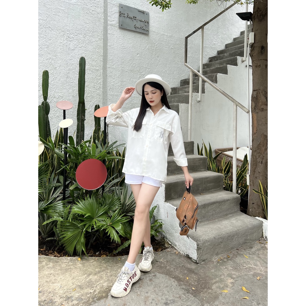 Áo Sơ Mi Tay Dài Thêu Hoạ Tiết MLB Phong Cách Thời Trang Đường Phố form oversize