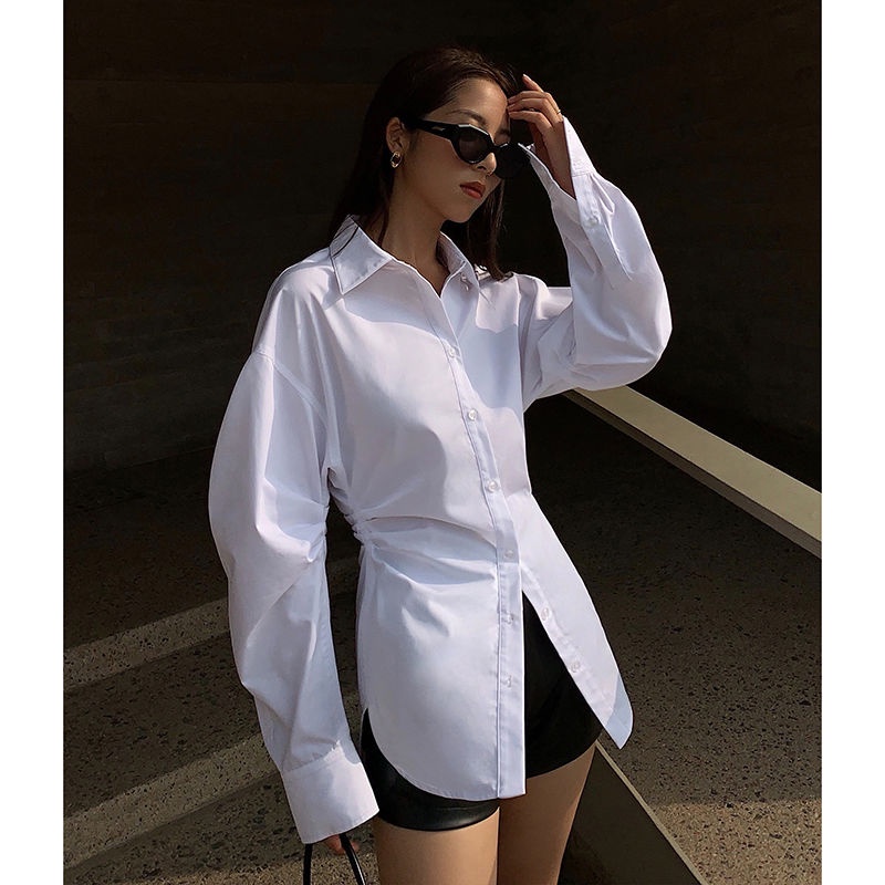 Áo Sơ Mi Trắng Thiết Kế Nhấn Eo Thời Trang Xuân Thu Cho Nữ