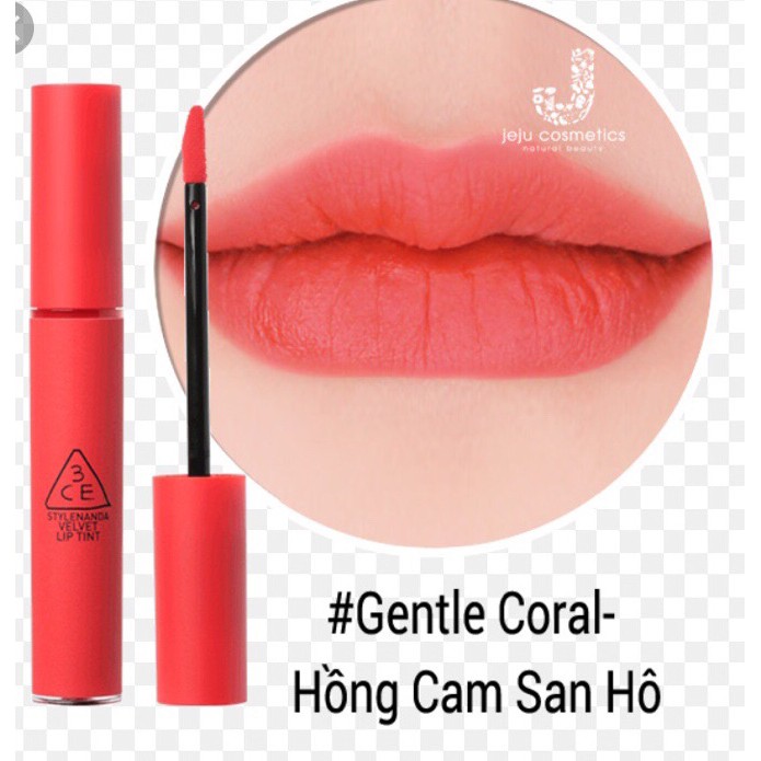 Son 3CE New Velvet Lip Tint Màu Gentle_Coral: Hồng San Hô Pha Chút Cam Hàn Quốc .