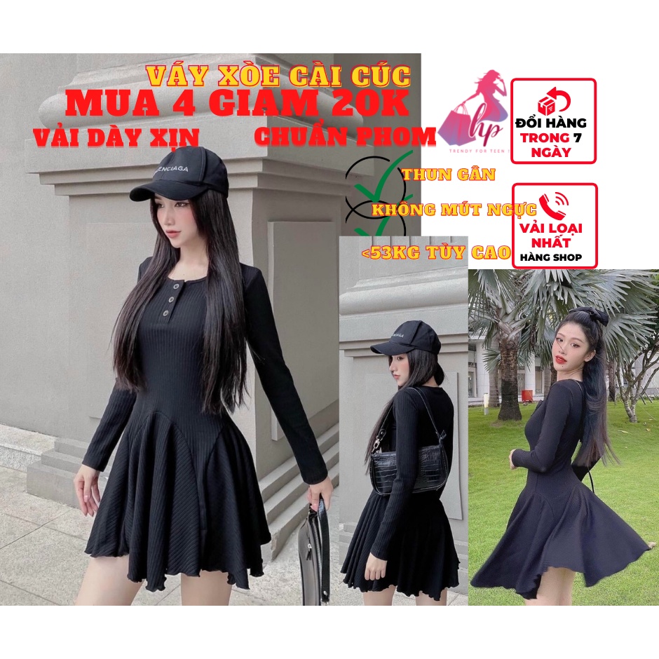 Váy đầm nữ body dáng xòe cài cúc tay dài màu đen thun gân sexy phong cách sang chảnh hàn VD140