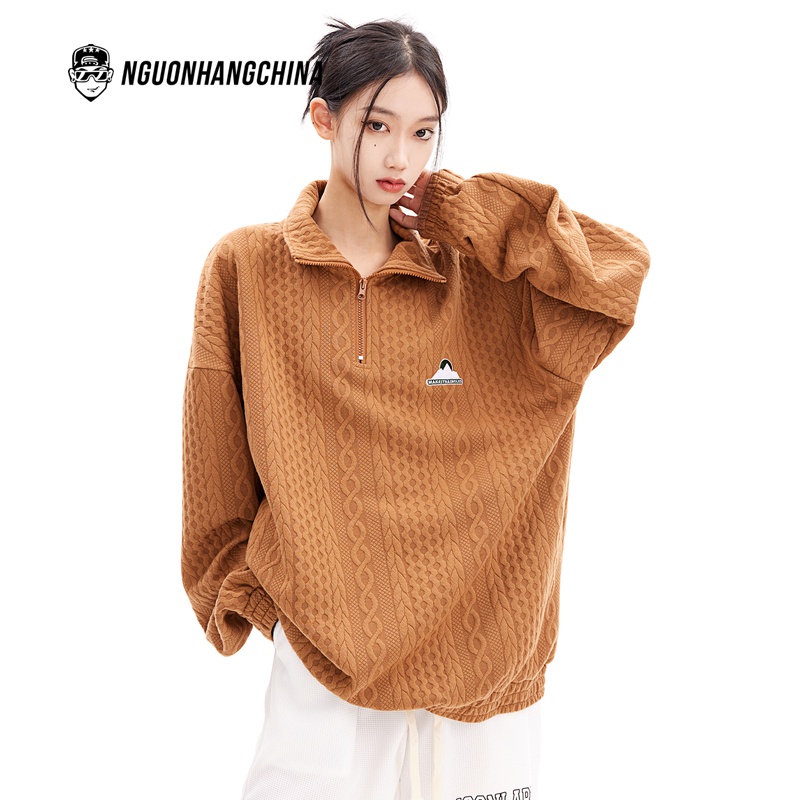 Áo Polo dài tay Make It Rain cổ zip đứng thêu họa tiết phong cách retro