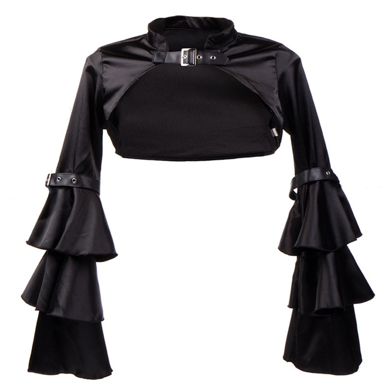 Áo khoác steampunk cắt ngắn xếp tầng tay dài nhún bèo cổ đứng bằng satin có đai khóa thời trang gothic Victoria cho nữ