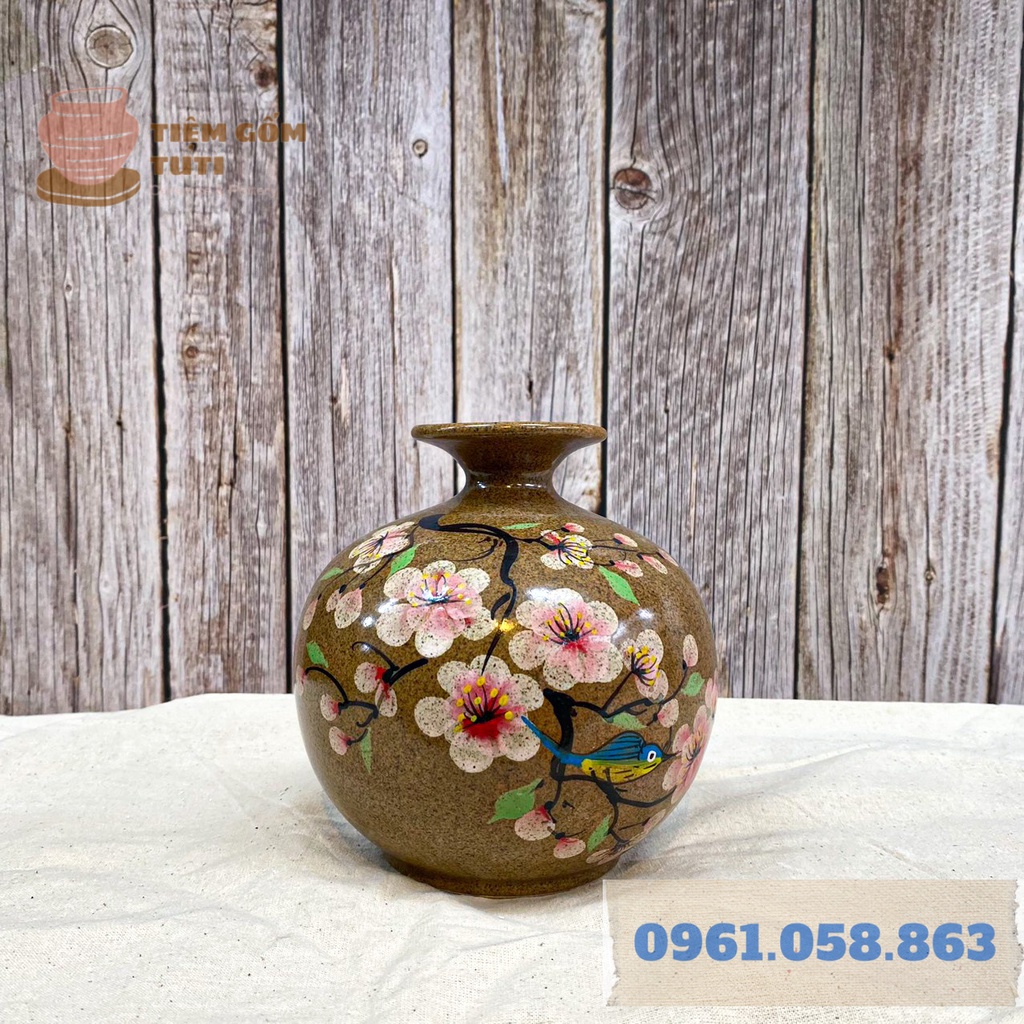 Lọ Hoa Decor, Bộ Bình Hút Lộc BÁT TRÀNG - GỐM SỨ TUTI - Men Bóng Nâu Đốm , Họa Tiết Vẽ Tay Cao 23,19,15 Cm