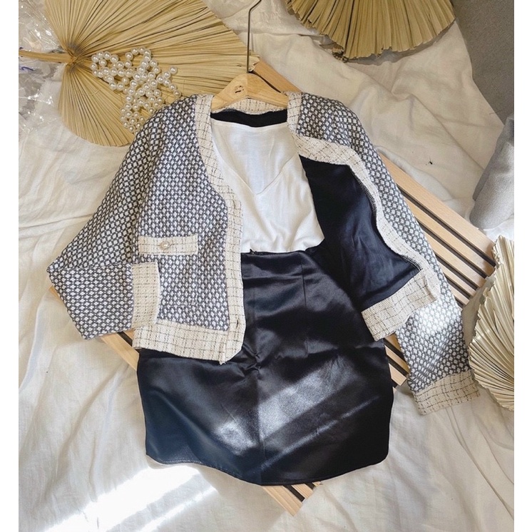 SET 3 MÓN : KHOÁC DẠ VIỀN + ÁO CỔ V + CHÂN VÁY | BigBuy360 - bigbuy360.vn