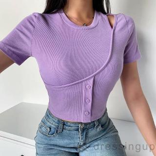 D❃♪Áo ngắn thời trang sọc rốn màu tím dành cho nữ (S / M / L)