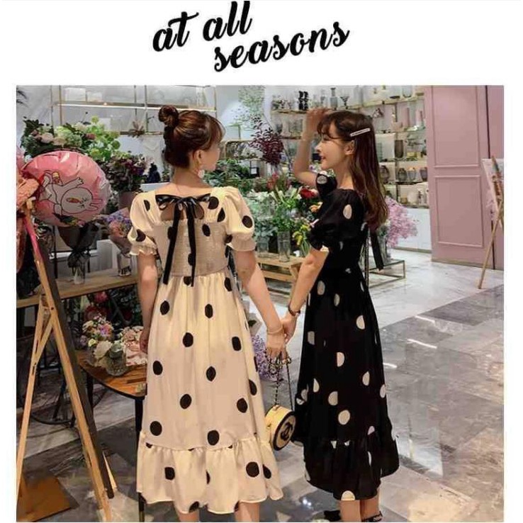 Đầm Cổ Vuông Tay Phồng Chấm Bi Voan Dáng Dài Phong Cách Ngọt Ngào Và Dễ Thương Váy Nữ