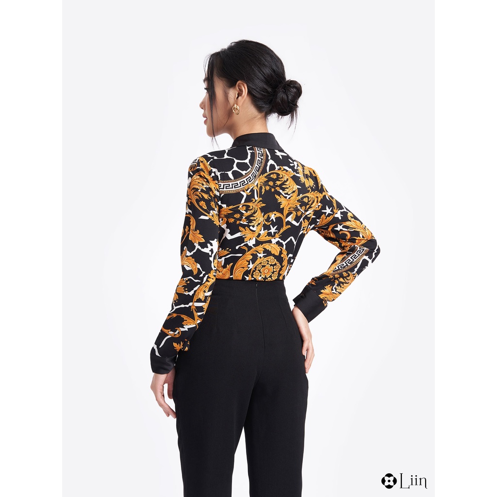 Áo sơ mi nữ họa tiết linbi chất vải tơ cách điệu họa tiết đen hoa vàng phong cách cá tính liin clothing SM3864