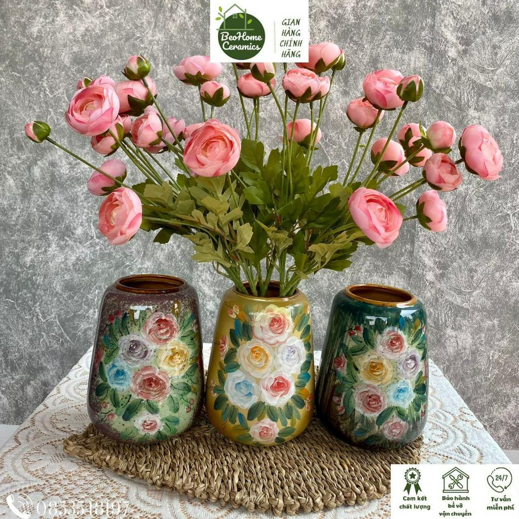 Lọ Hoa Bình hoa hồng Vẽ Tay gốm Bát Tràng xinh xắn decor lọ sứ cắm hoa trang trí để bàn H19cm
