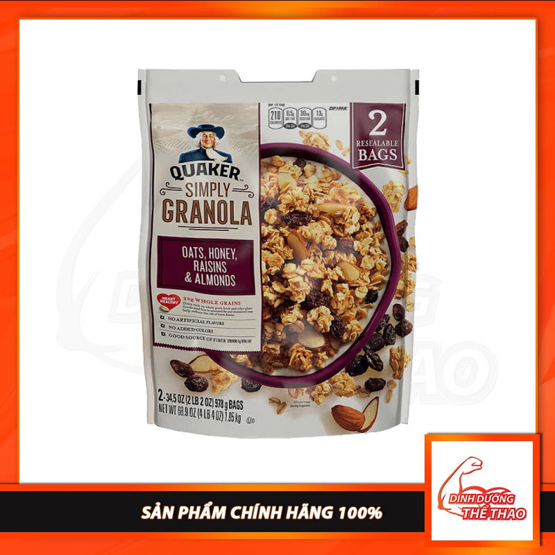 Ngũ Cốc Dinh Dưỡng  Mật Ong hạnh nhân nho khô Ăn Liền Yến mạch Quaker Simply Granola  Raisins Almonds 2lbs (1kg)