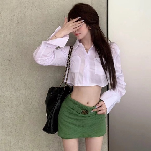 Set Áo Sơ Mi Trắng Tay Dài Hở Eo + Chân Váy Ngắn Lưng Cao Ôm Dáng Thời Trang Hàn Quốc Cho Nữ