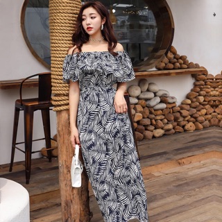 Váy maxi trễ vai hoạ tiết lá