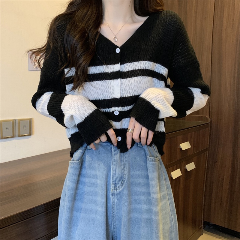 Áo cardigan SUXI dệt kim mỏng tay dài cổ chữ V dáng rộng họa tiết kẻ sọc phong cách cổ điển Hàn Quốc cho nữ