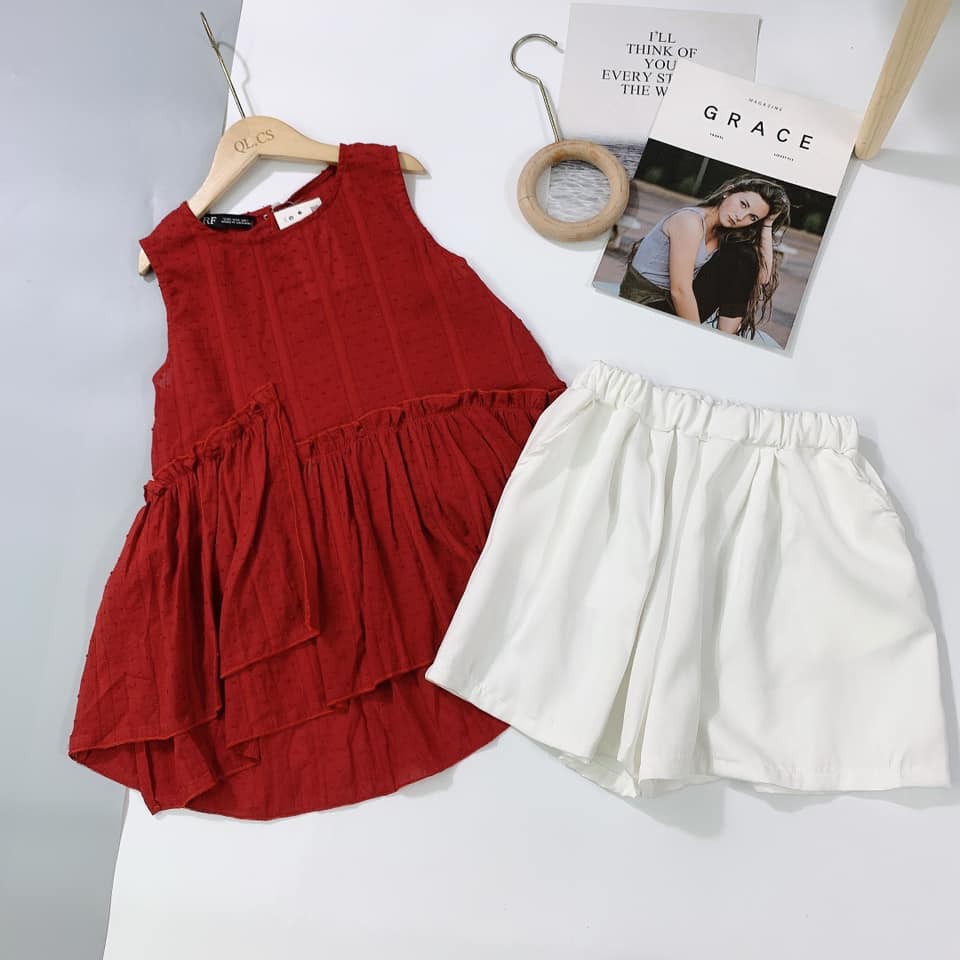 Đồ bộ nữ sét áo đỏ sát nách dúm bèo phối quần trắng